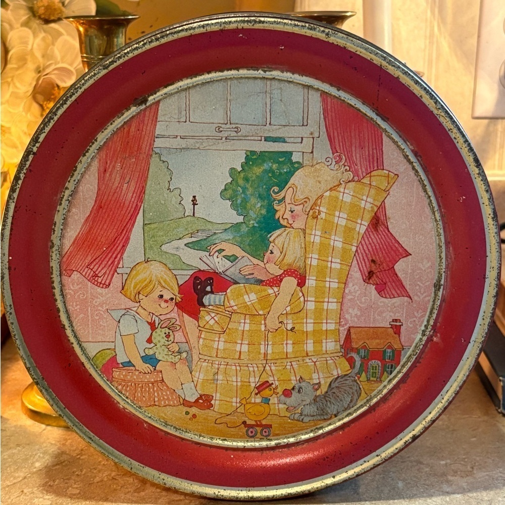 Vintage original Round Metal Tin mom with kid nursery Storage Container